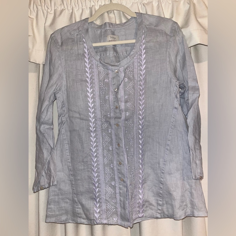 Wrap London Linen Women's Gray Embroidered Top size 6
